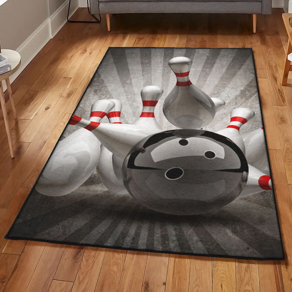 Black and white bowling rug showing a 3D ball striking pins on a dramatic background