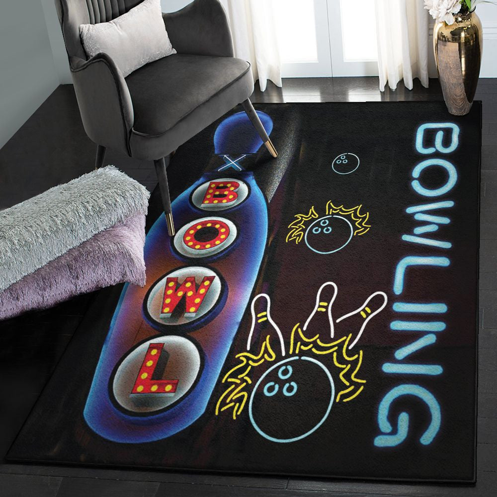 Neon-style bowling rug featuring a large glowing pin with BOWL lettering, animated bowling balls, and retro game room vibes