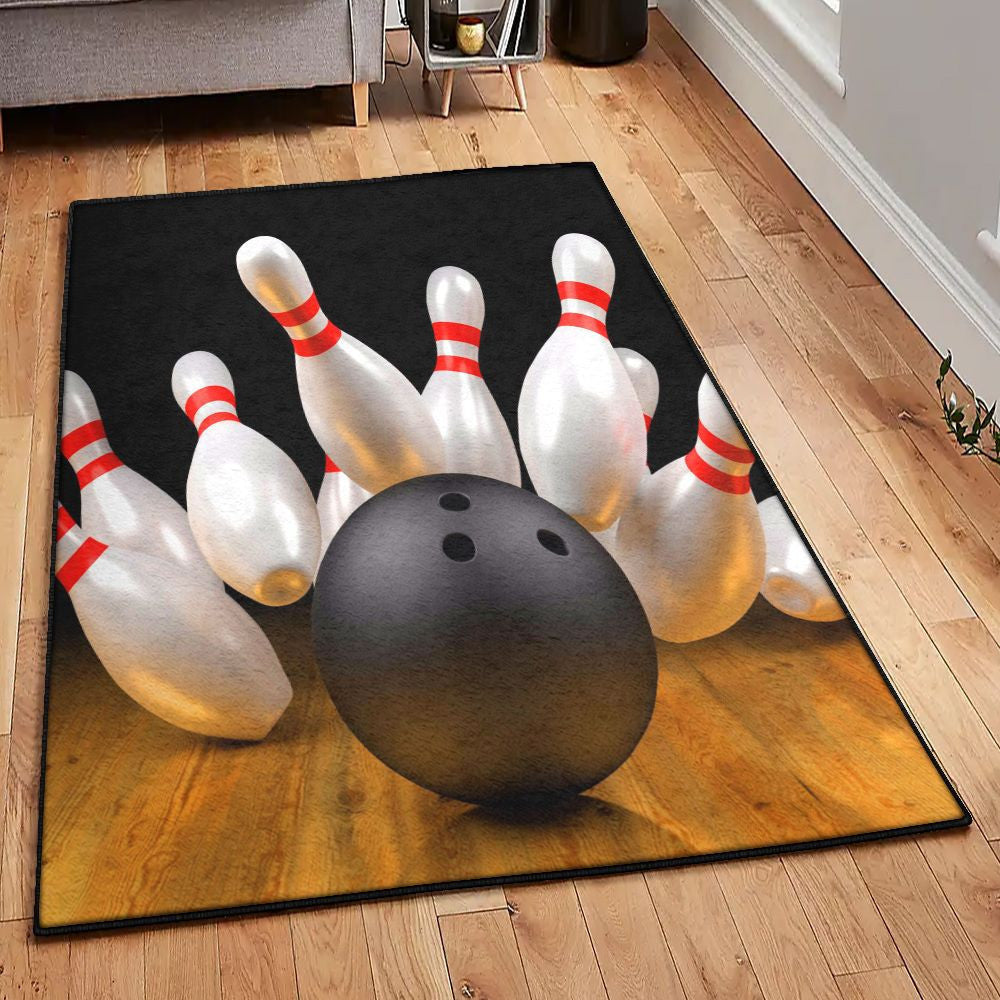 Realistic 3D bowling rug showing a black ball striking white pins on a wooden lane