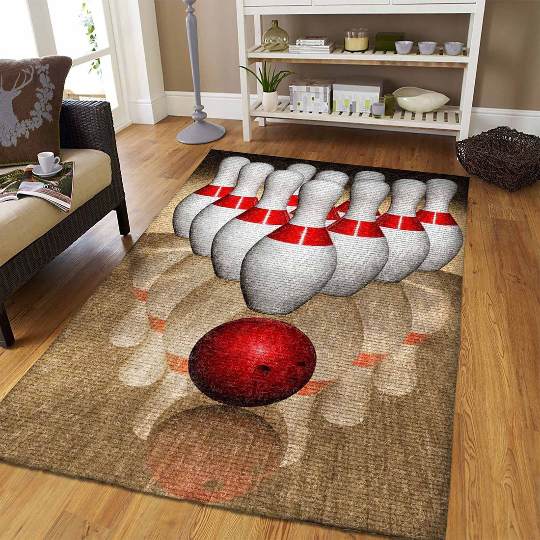Area rug in living room showing red bowling ball rolling toward ten white pins on a warm textured brown background