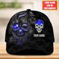 Black snapback bowling cap with blue-glowing smoke skull bowling-ball eye and dripping skull graphic
