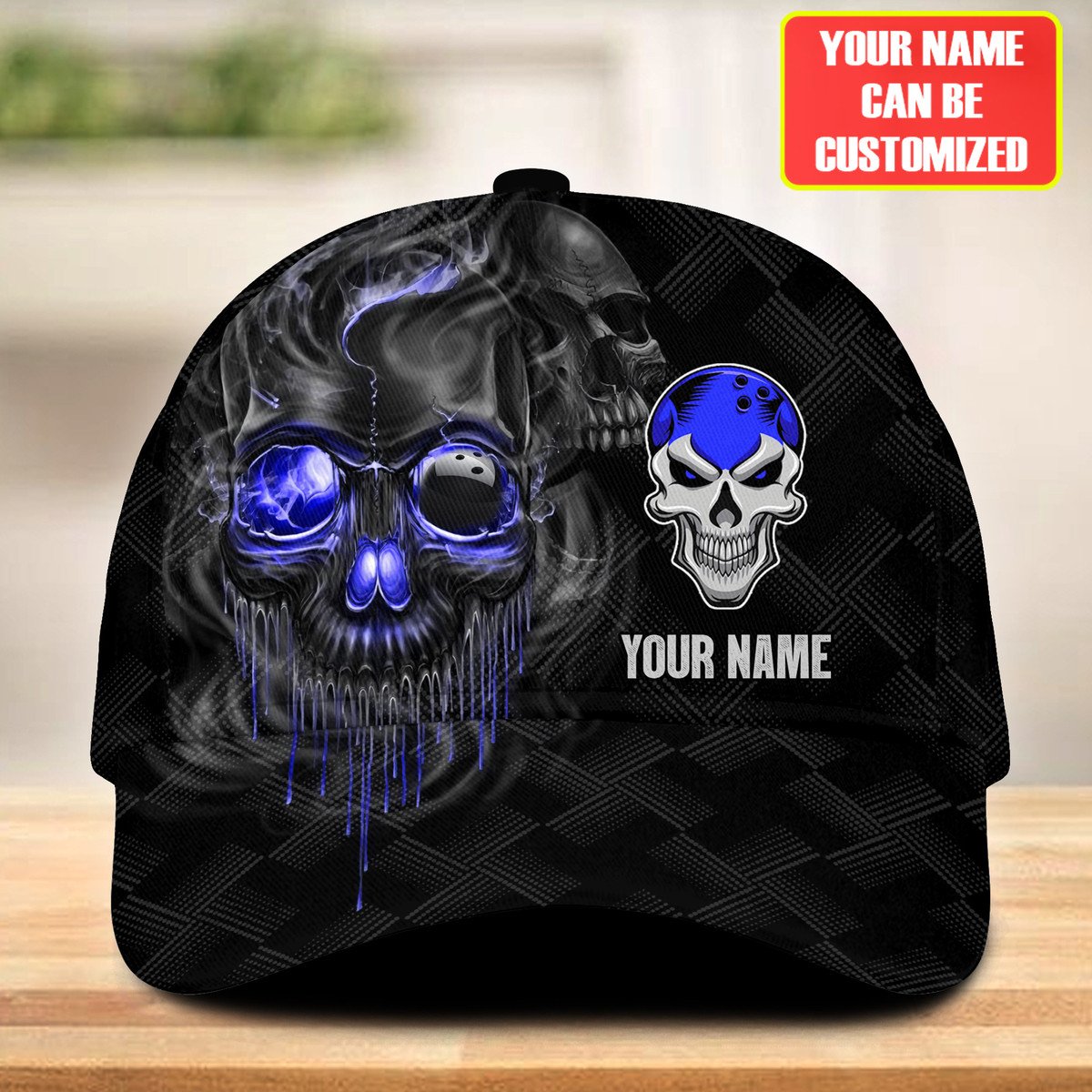 Black snapback bowling cap with blue-glowing smoke skull bowling-ball eye and dripping skull graphic