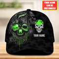 Black snapback bowling cap with green-glowing smoke skull bowling-ball eye and dripping skull graphic