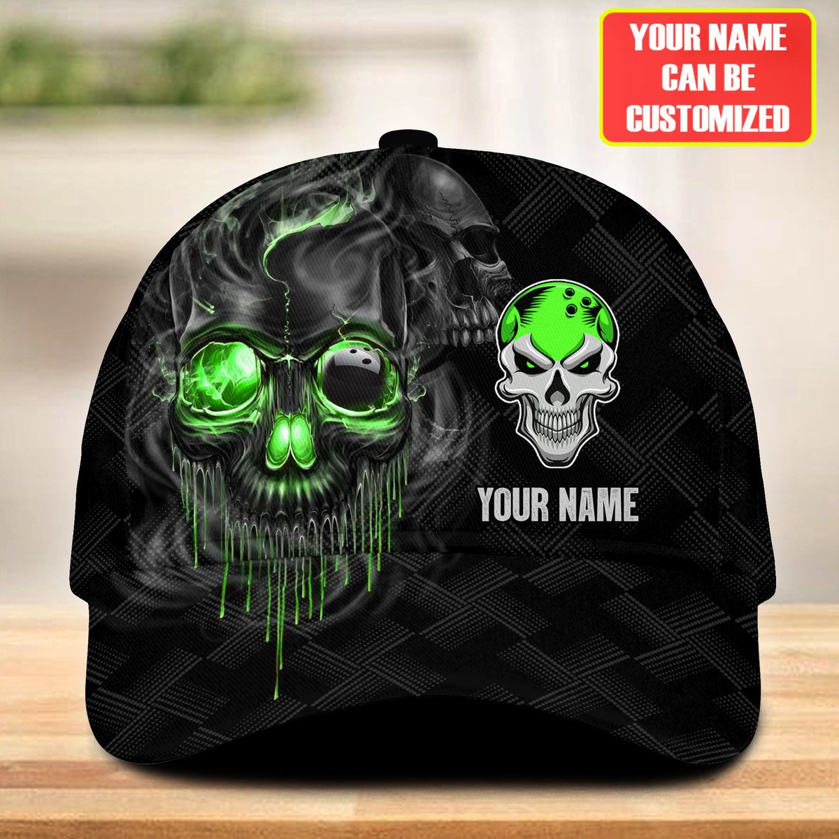 Black snapback bowling cap with green-glowing smoke skull bowling-ball eye and dripping skull graphic