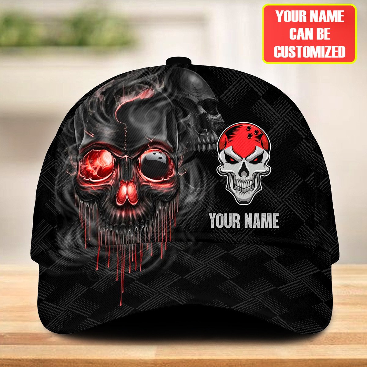 Black snapback bowling cap with red-glowing smoke skull bowling-ball eye and dripping skull graphic