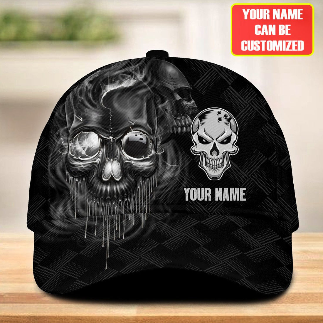 Black snapback bowling cap with orange-glowing smoke skull bowling-ball eye and dripping skull graphic