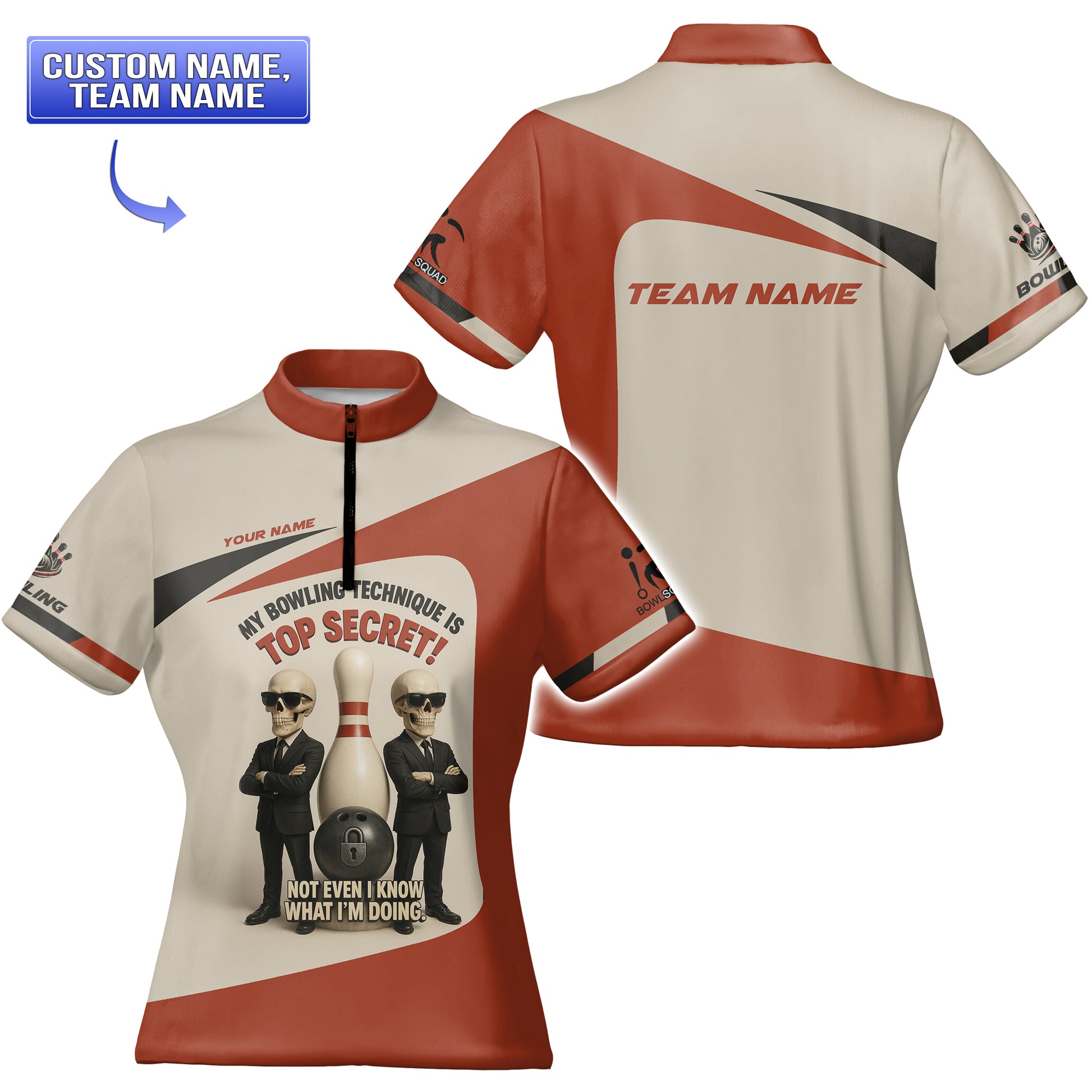  Women's bowling jersey with skull graphics and custom team name