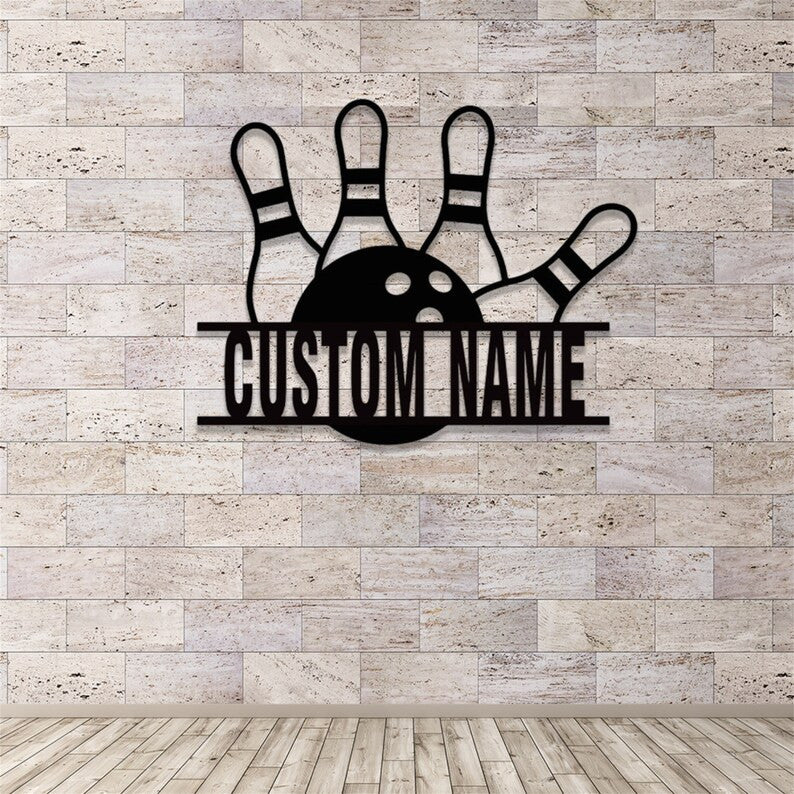 Strike Zone custom bowling name metal sign displayed on a modern tiled brick wall, featuring a ball hitting pins.