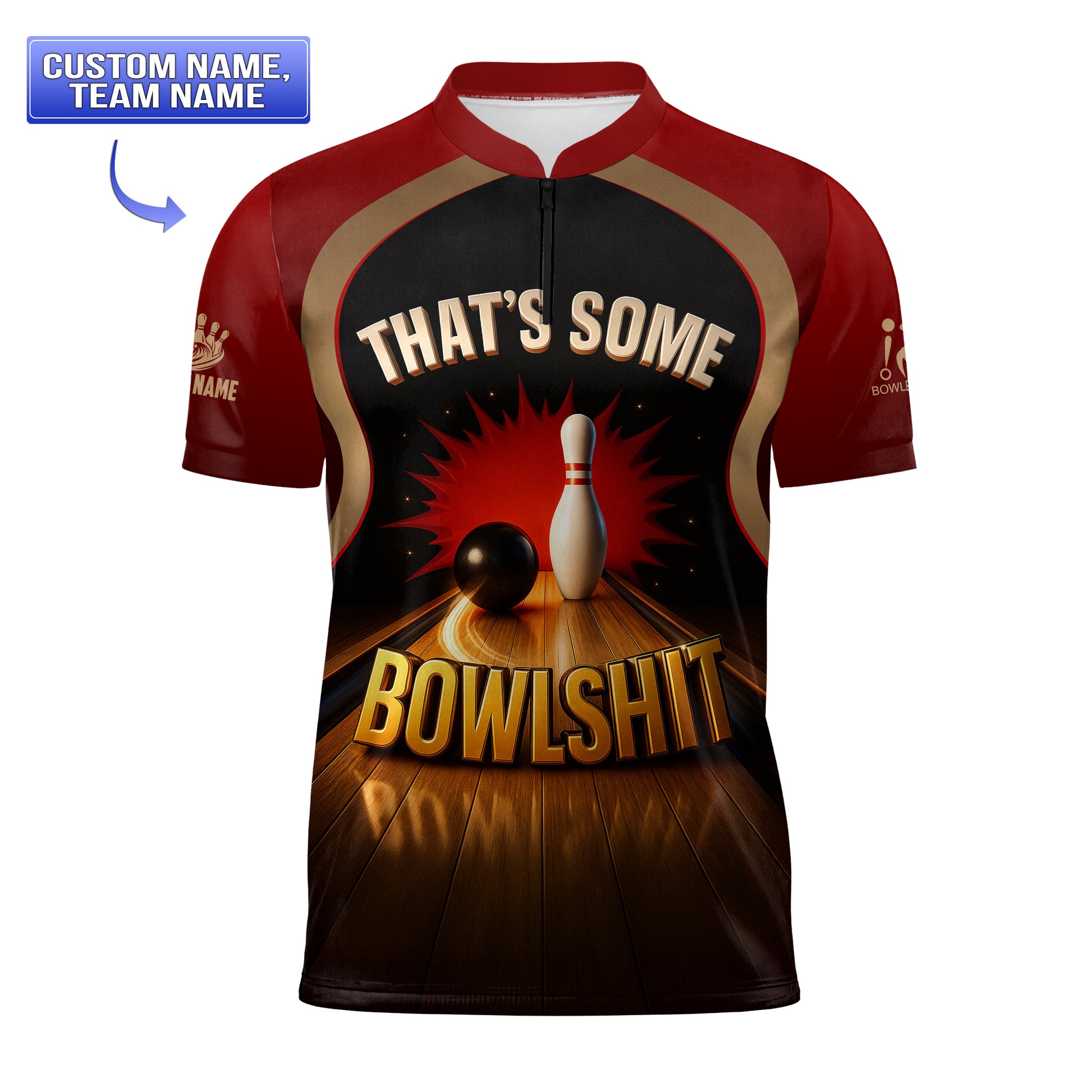 Group of bowlers wearing matching funny bowling jerseys at a tournament
