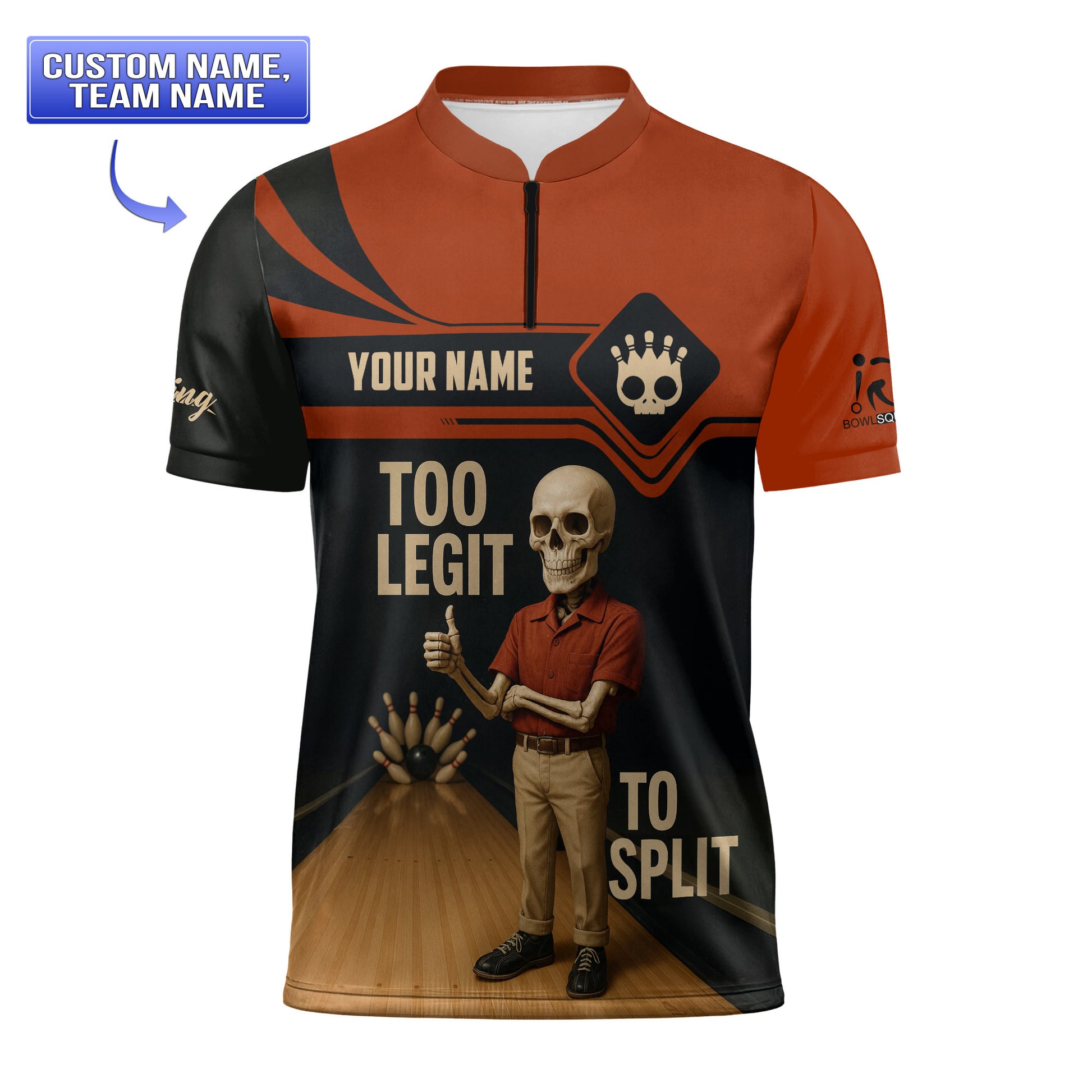 Customizable Team Bowling Shirt – Too Legit to Split Skeleton Graphic Bowling Jersey for Club