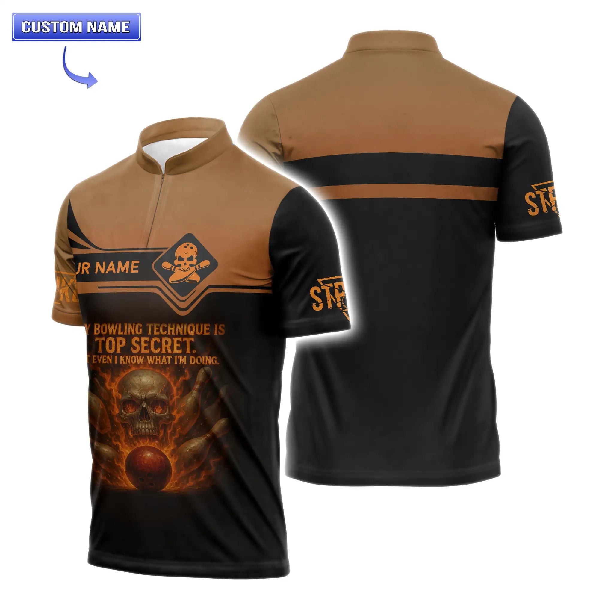 Front view of custom bowling jersey with skull, pins, and flames