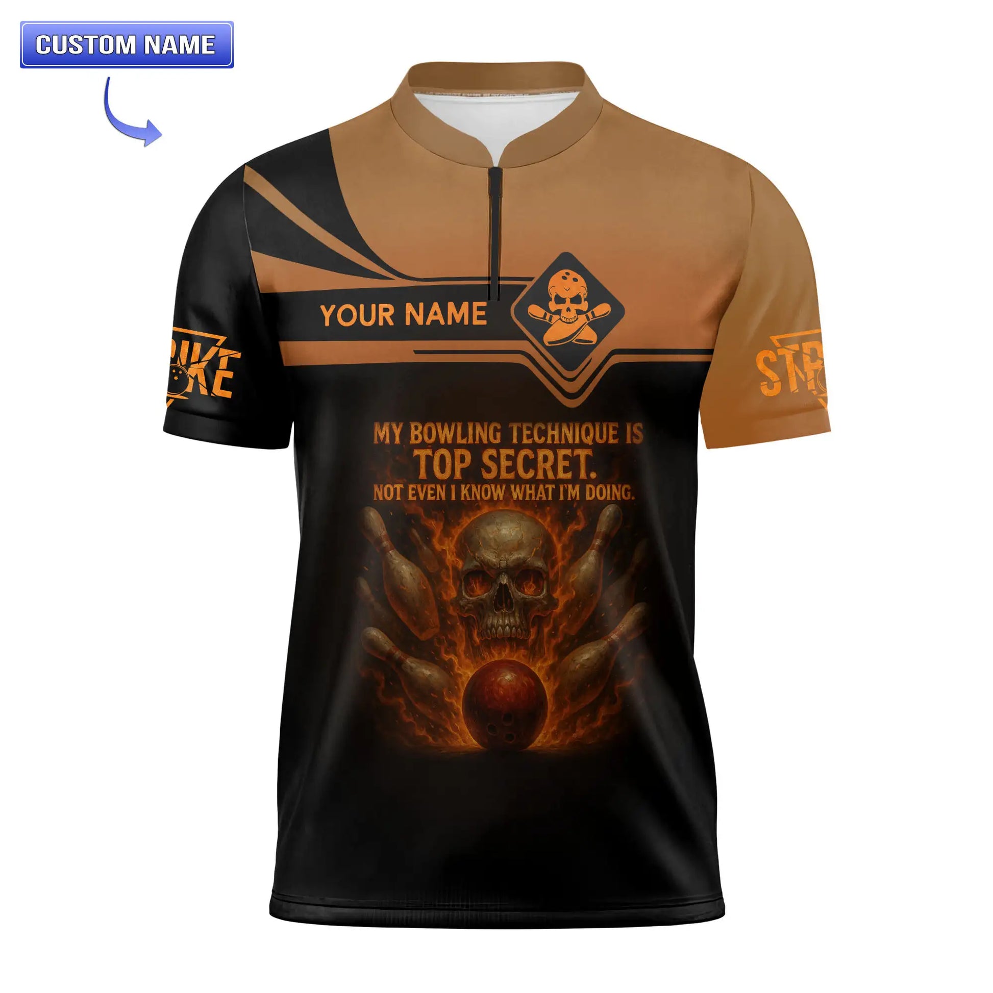 Custom bowling jersey with skull and flame design, front and side view