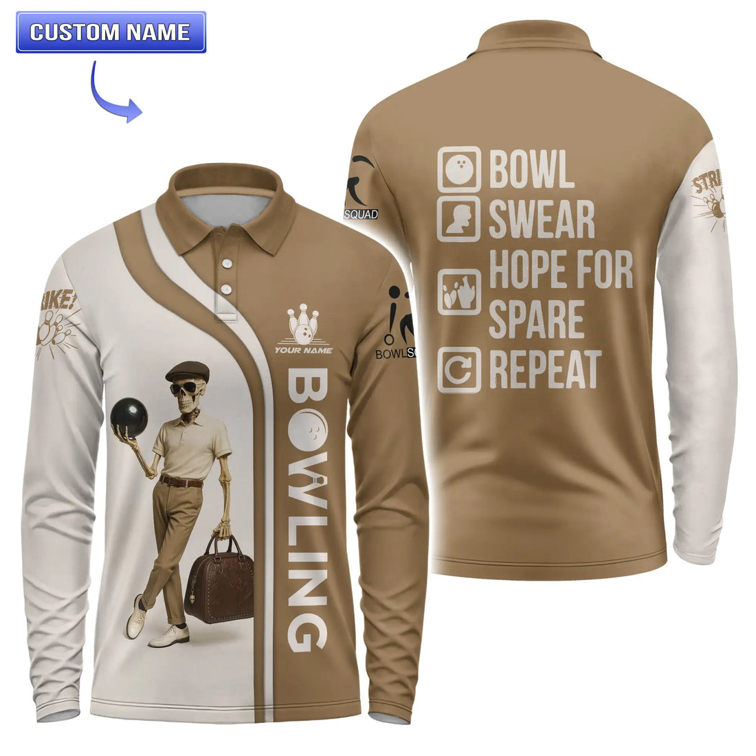 Men's short sleeve vintage skeleton bowling shirt with fun slogan print.