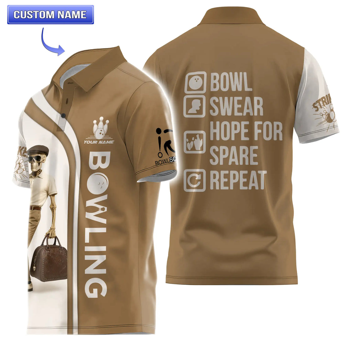 Men's short sleeve vintage skeleton bowling shirt with fun slogan print.