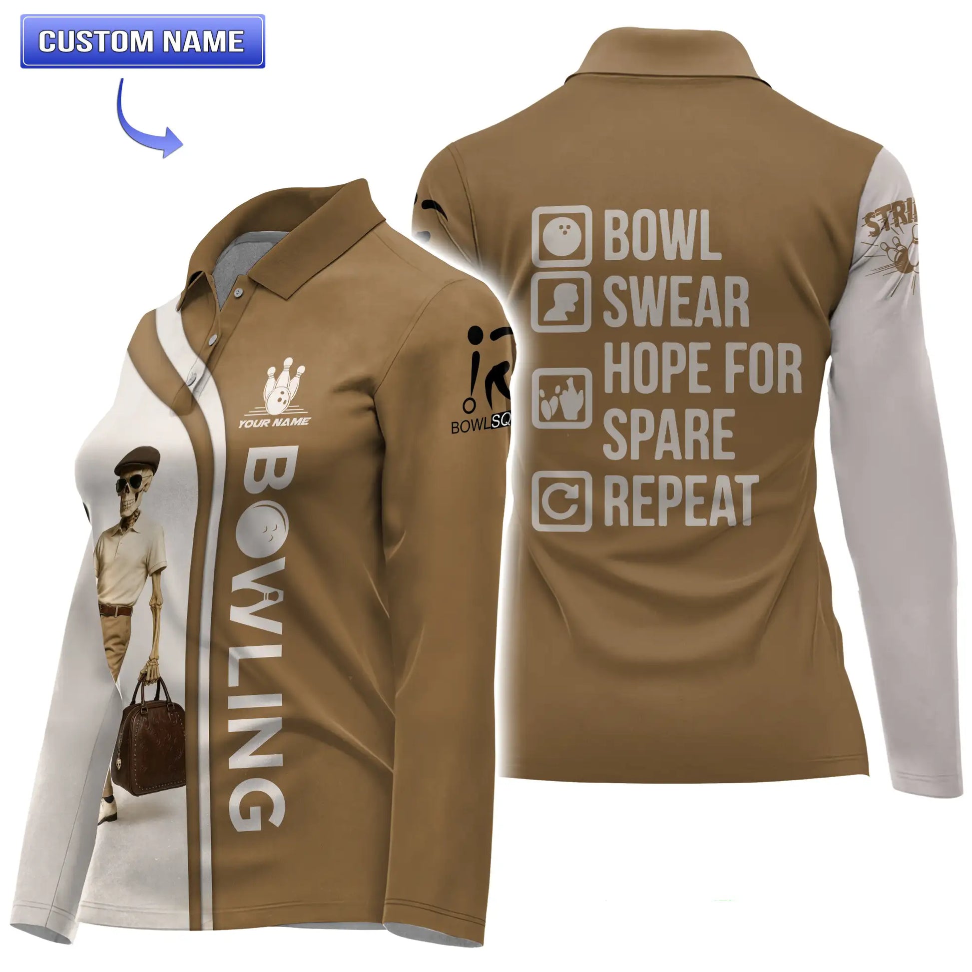 Women's long sleeve vintage skeleton bowling shirt with retro design and bold back slogan.