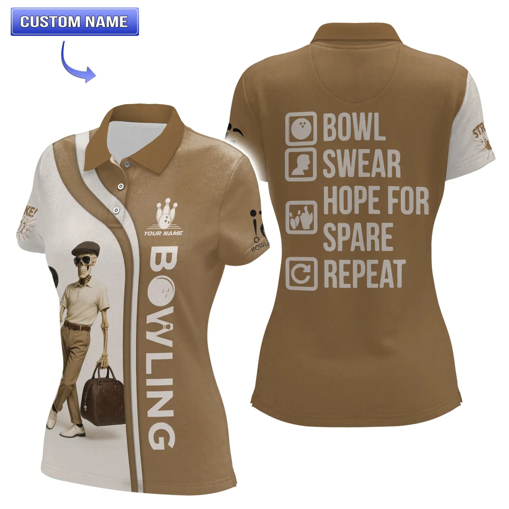 Women's short sleeve skeleton bowling shirt with vertical BOWLING text and graphic print.