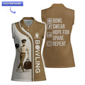 Women's sleeveless bowling shirt with retro skeleton graphic and bold BOWLING lettering.