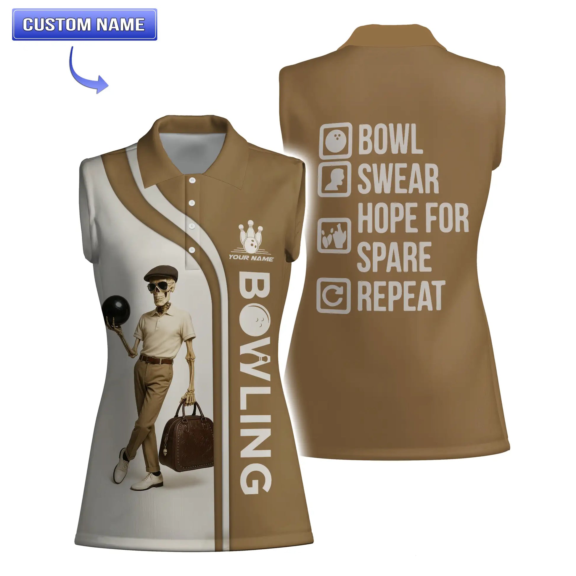 Women's sleeveless bowling shirt with retro skeleton graphic and bold BOWLING lettering.