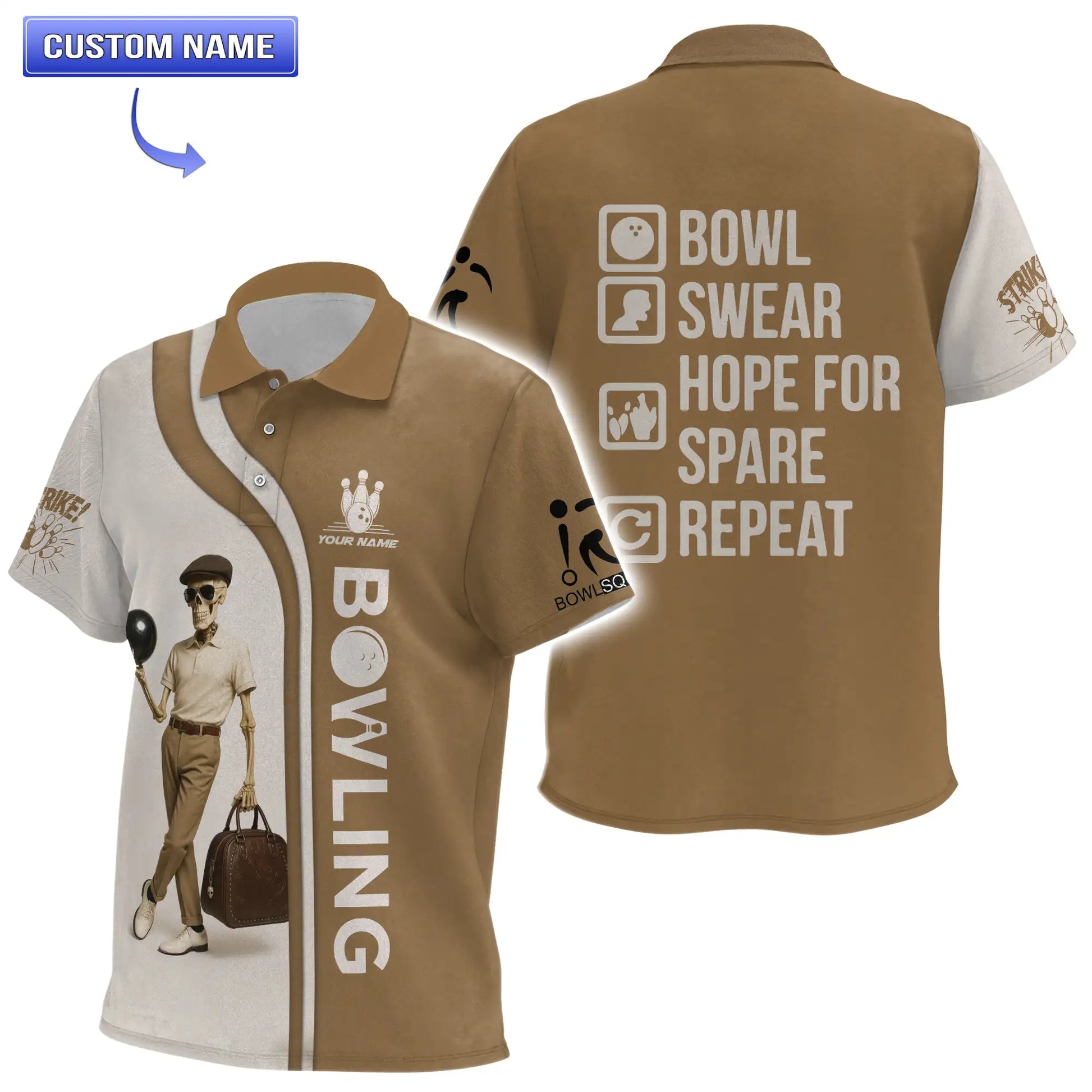Classic fit youth's bowling shirt with vintage skeleton design and fun game slogan on the back.