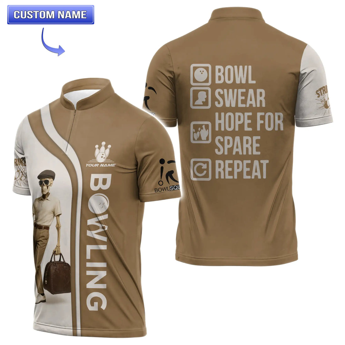 Front and back views of a vintage skeleton bowling jersey for men, showcasing custom name placement and humorous bowling icons and slogans on the back.