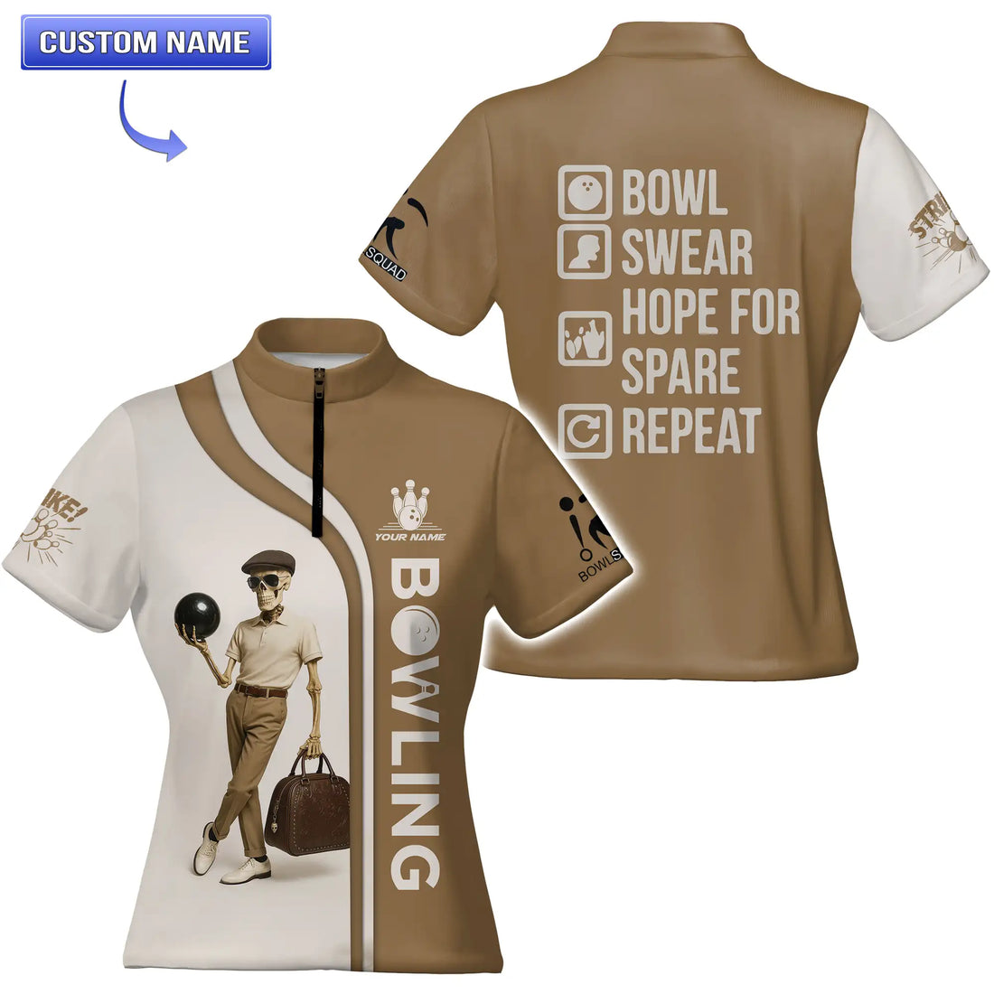 Front and back views of a vintage skeleton bowling jersey for men, showcasing custom name placement and humorous bowling icons and slogans on the back.