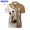 Front view of a youth vintage skeleton bowling jersey with custom name option, featuring a cool skeleton character holding a bowling ball and bag, designed for young bowling enthusiasts.